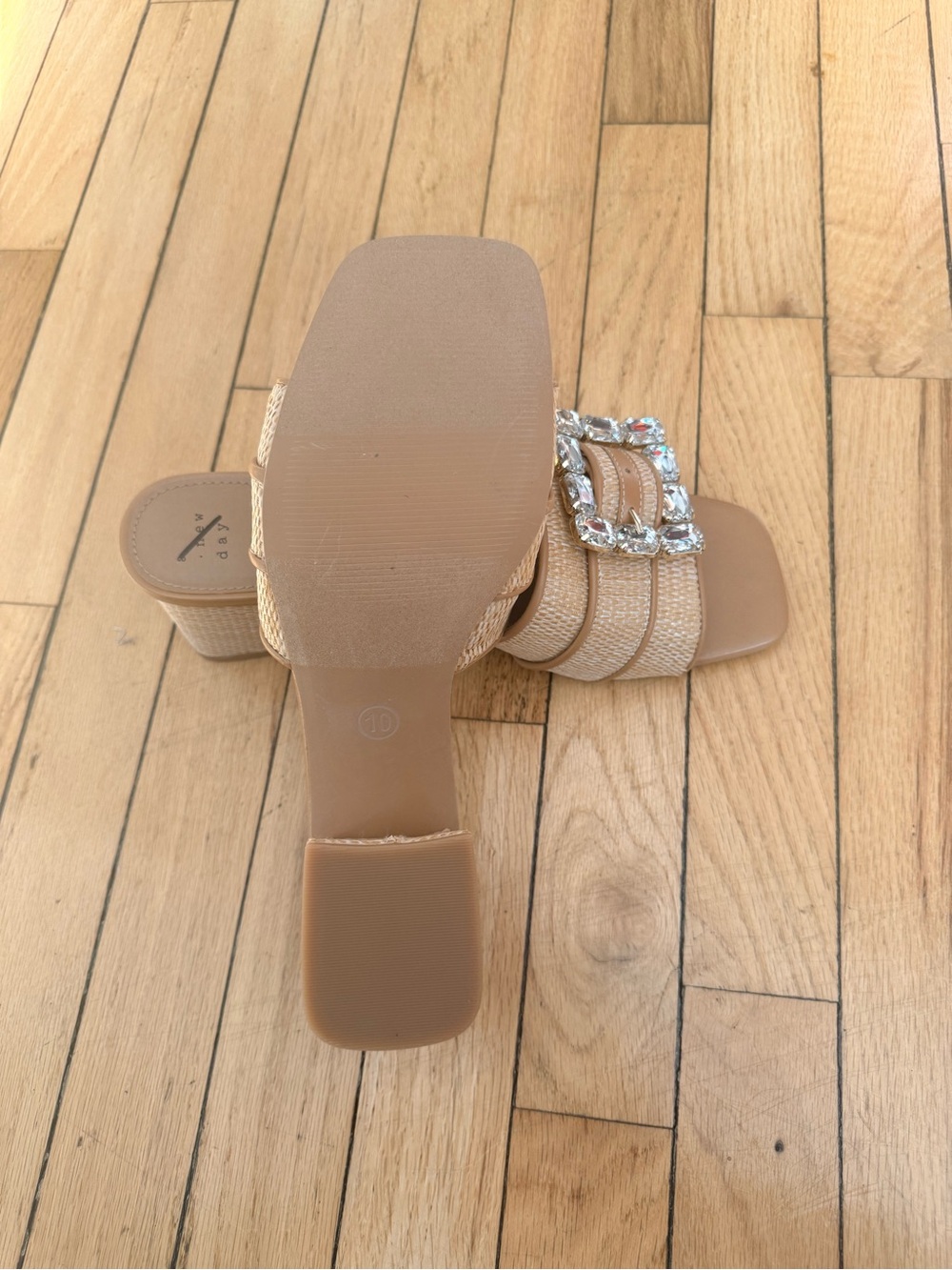 Kathleen Raffia Tan Slide Sandals with rhinestone buckle detail - Picture 3 of 3